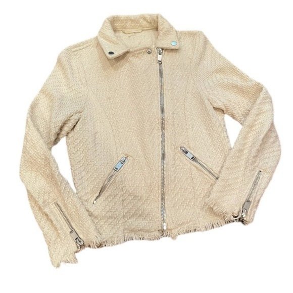 H&M Cream Tweed Moto Jacket Raw Hem Cream Collar Full Zip Women’s Size 4 - Picture 3 of 6